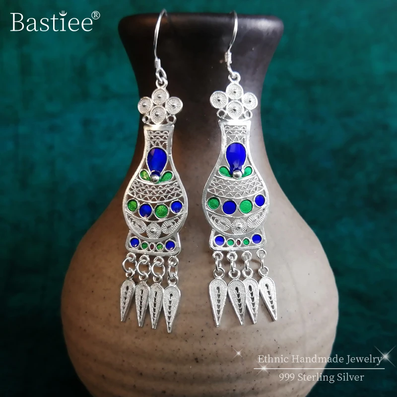 Bastiee 999 Sterling Silver Earrings For Women Vintage Vase Cloisonne Enamel Luxury Jewelry Boho Ethnic Handmade Earings Retro | Украшения