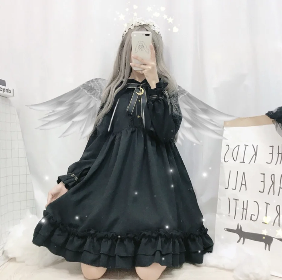 long sleeve Платье Лолиты с принтом лоли, платье принцессы кавайи для девочек, однотонное черное платье с бантом и оборками, вырез лодочкой, высокая талия, готическое винтажное Повседневное платье лолиты - Цвет: long sleeve