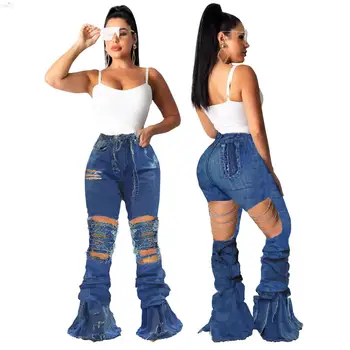 

Spring Denim Pants Women Retro Solid Fall Jeans Hole Ripped Flare Pants Women Trousers Skinny Casual High Waist Sexy Streetwear