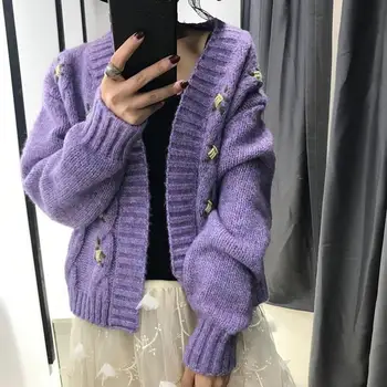 

Spring Fall 2019 Women V Neck Purple Wool Cardigans Long Sleeve Loose Short Sweaters Embroidery Knitted Cardigans