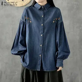 

ZANZEA Women Vintage Embroidery Tops Spring Long Lantern Sleeve Denim Blue Blouse Femme Lapel Blusas Shirt Chemise Tunic Robe