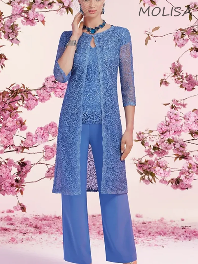 

Jumpsuits Mother of the Bride Dress 2022 Elegant V Neck Floor Length Chiffon Lace 3/4 Sleeve Long Groom Of Mother Dresses