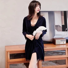 Ночная рубашка, спортивный костюм, осень и зима, золотой бархат, ночная рубашка, набор, сексуальная, черная, ресницы, кружева, ремень, ночная рубашка, ночная рубашка