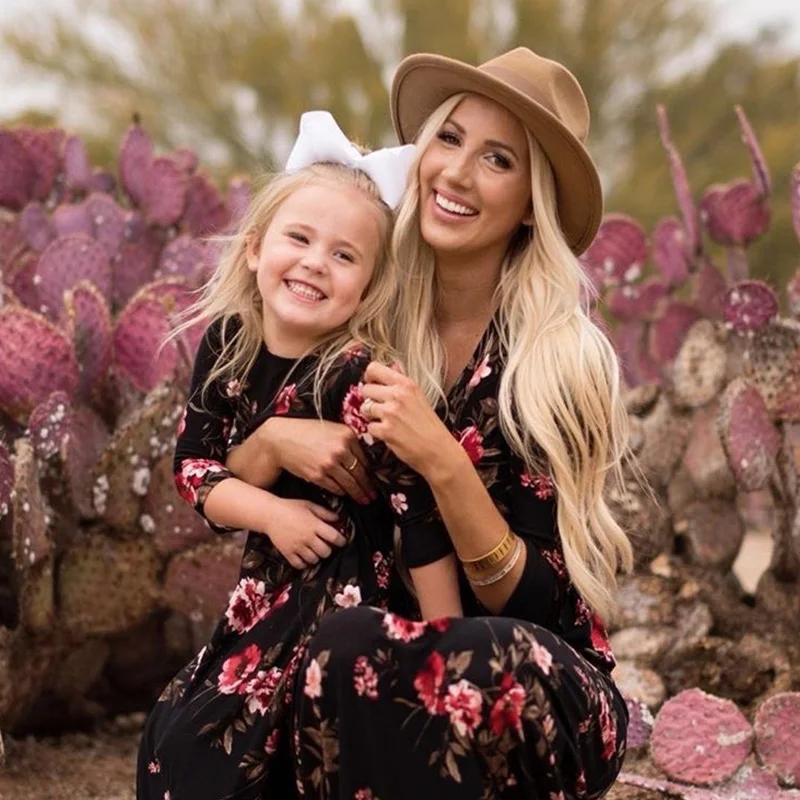 

Mom and Daughter Matching Clothes Mother Dauger Dresses Long Sleeve Floral Print Casual Autumn New Women Girl Baby Long Dress
