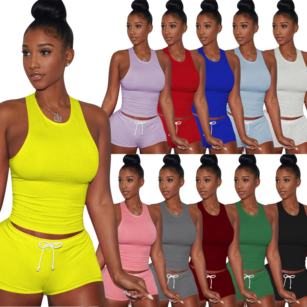 

2020 Summer Women's Suit European and American Street Style Breathable and Sweat-absorbing Sports Two-piece Set