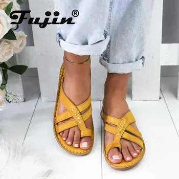 

Fujin Summer 2020 Women Sandals Fashion Slip on Wedges Women Slippers Breathable Rome Style Low Heels Open Causal Women Shoes