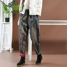 Осенние зимние джинсы женские свободные Ретро повседневные джинсовые брюки новые женские эластичный лоскутный пояс карманные манжеты винтажные брюки