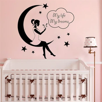 

Wall Decal for girl kids rooms decoration Art Girl Moon Stars Night My Life My Dreams Vinyl waterproof Sticker decor HY1106