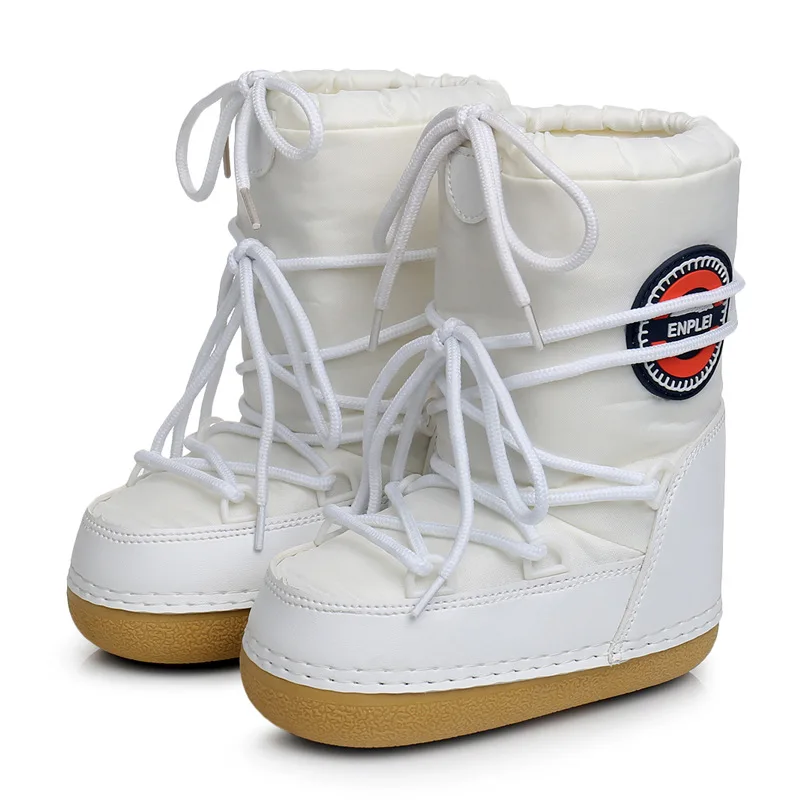 Зимние ботинки для детей и родителей г. Зимние ботинки до середины икры на шнуровке для мальчиков и девочек, из толстой губчатой ткани, водонепроницаемые Нескользящие ботинки на платформе - Цвет: Белый