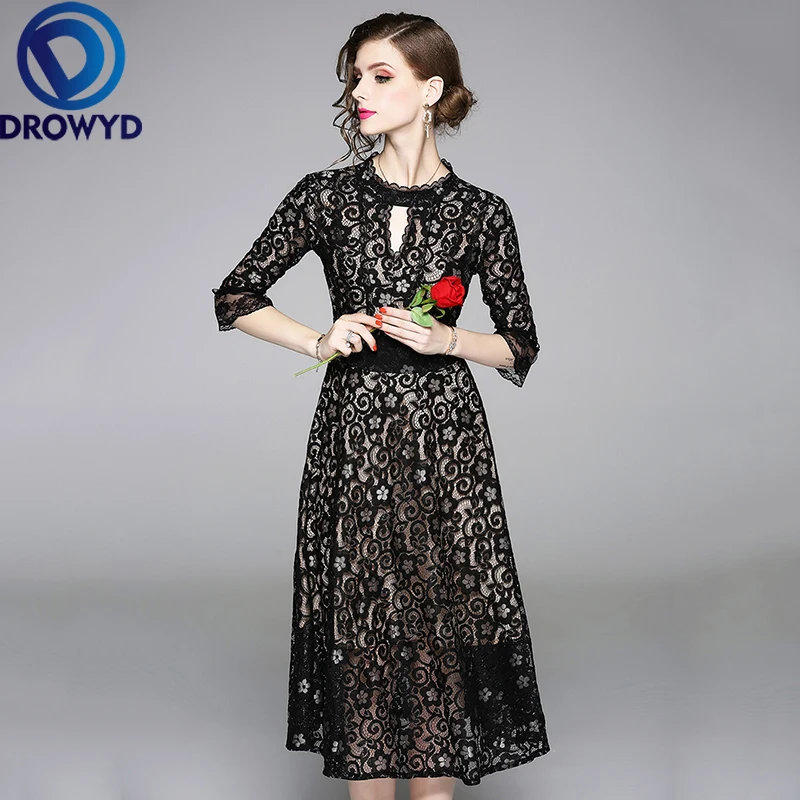 

DROWYD Fashion Lace Boho Party Midi Dress Women New Winter Sexy Long-sleeved O-neck Black Dress Casual Vintage Dresses Vestidos