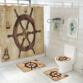 

1-3PCS Set Navigation Guide Bathroom Shower Curtain Toilet Cover Mat Non-Slip Rug Set Waterproof