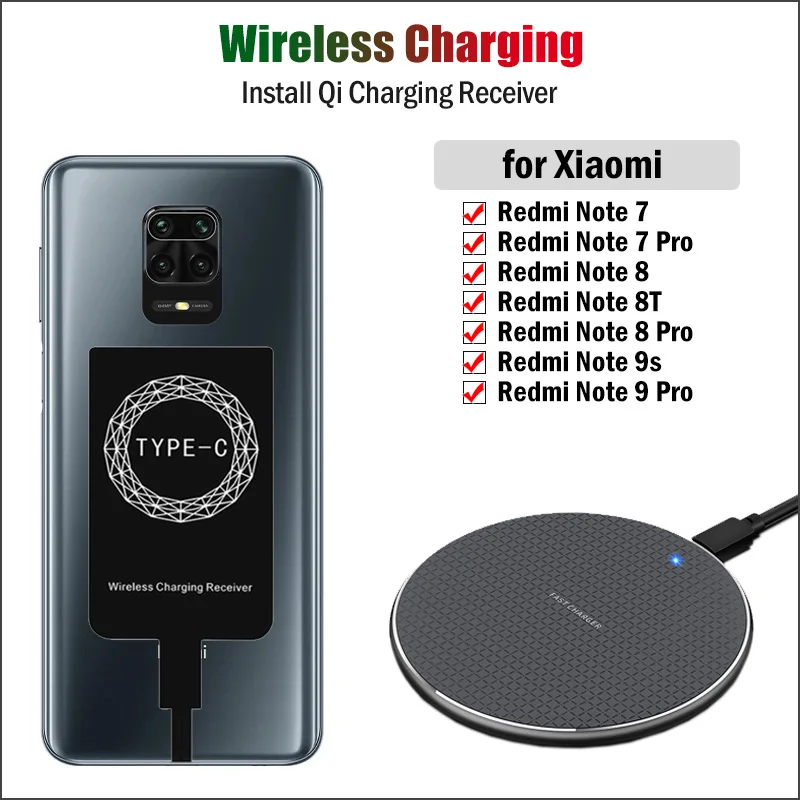 Qi Wireless Charging Receiver for Xiaomi Redmi Note 7 8 8T 9S 9 Pro Phone Charger USB Type-C Adapter Gift Case | Мобильные телефоны