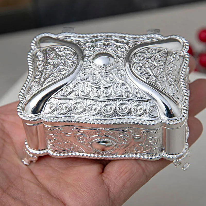 Small Rectangular Antique Silver Metal Jewelry Box / Treasure