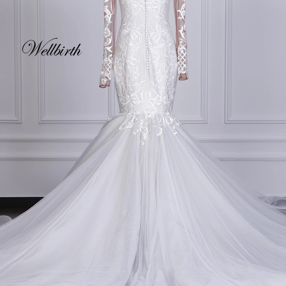 Реальное изображение Wellbirth Vestido de novia Тюль бисера Русалка свадебное платье полный рукав возлюбленной шеи свадебное платье 3021