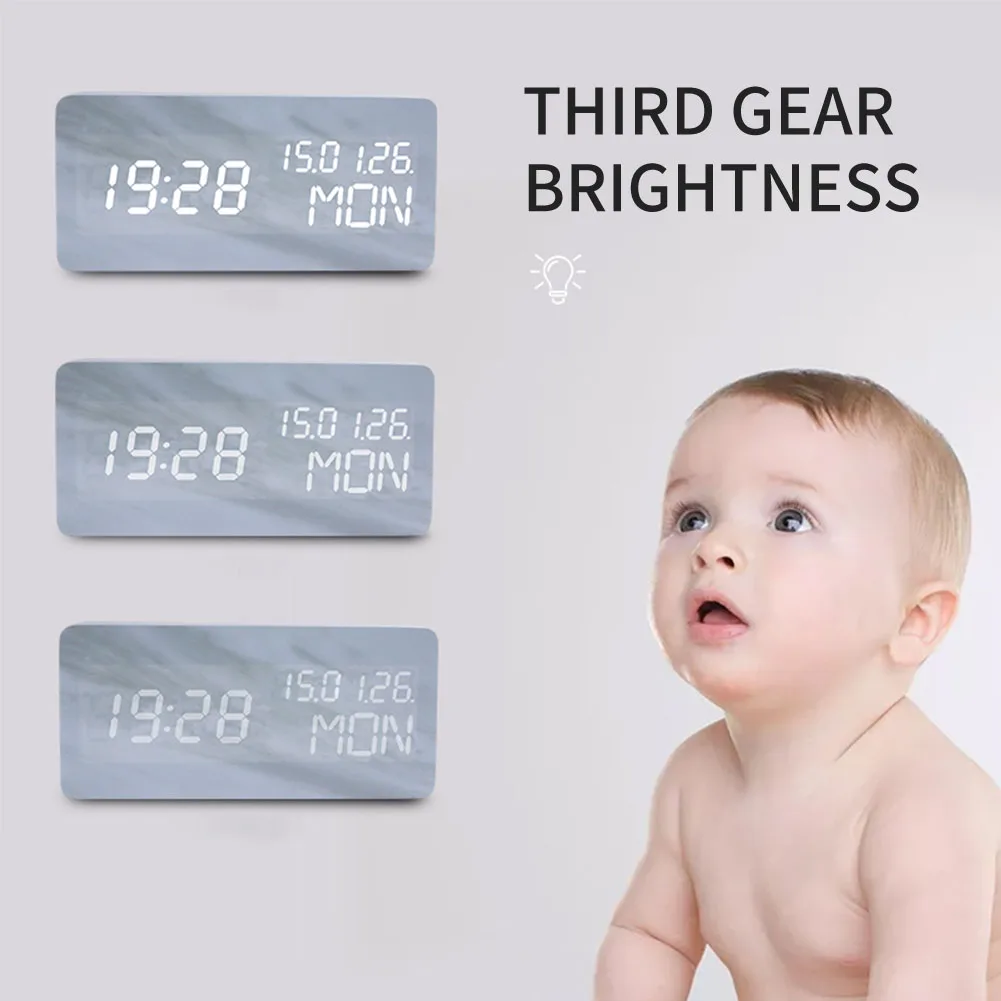 Led Bedside Bedroom Calendar Digital Display Square USB Powered Voice Control Desktop Decorative Electronic Clock Marble Vein
