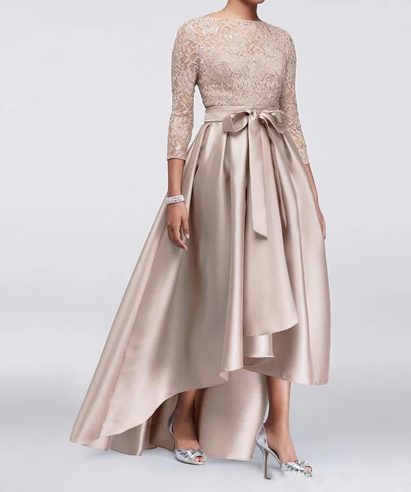 Get  High Low 2019 Mother Of The Bride Dresses A-line 3/4 Sleeves Lace Beaded Bow Plus Size Short Mother