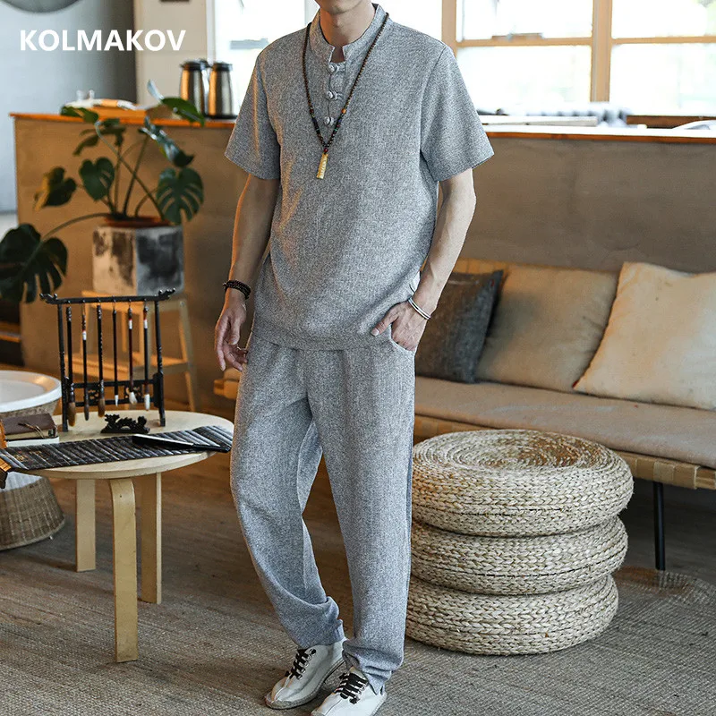 

(Shirt + trousers) 2020 summer casual men shirt Cotton and linen shirts men's High quality fashion shirts Man size M-4XL