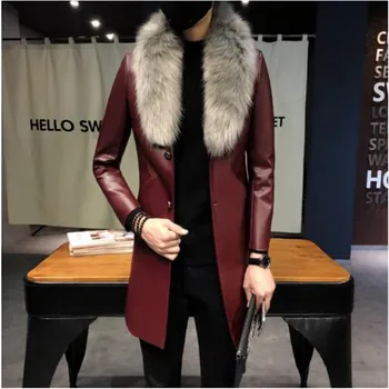 

2018 Mens Long Leather Trench Coats Black Long Coat Mens Burgundy Erkek Palto Fur Collar Luxury Gold Long Men