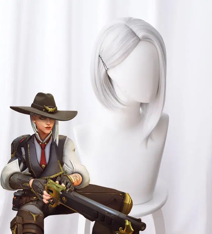 

Cosplay Game Ow Ashe Cosplay Wig 35cm Short Straight Heat Resistant Movies Hair OW Silver-white Costume Party Wig+ wig cap