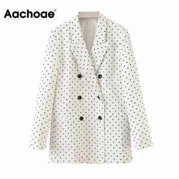 

Aachoae Fashion Polka Dot Blazer Women Office Wear Double Breasted Coat Female Vintage Long Sleeve Pockets Jacket Casual Tops
