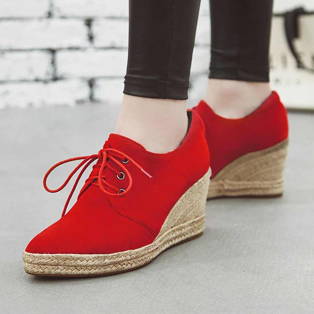 

LAPOLAKA New Wholesale Plus Size 44 Woman Shoes Women Flock Top Quality Lace Up Weave Wedges High Heels Pumps