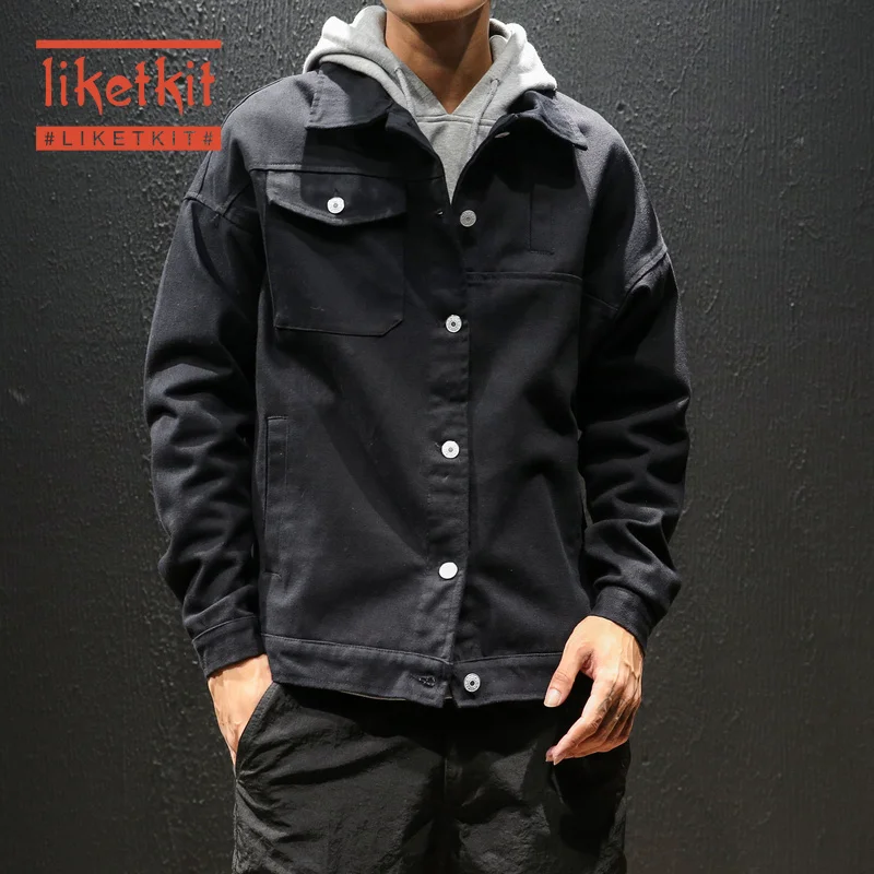

Liketkit Men's Japanese Streetwear 2019 Male Loose Pattern Casual Denim Jackets Hombre Harajuku Bomber Black Autumn Windbreaker