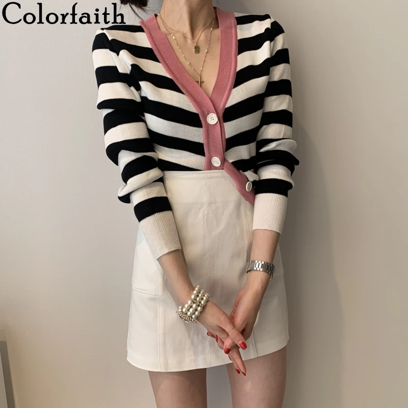 

Colorfaith New 2020 Autumn Winter Women's Sweaters V-Neck Sexy Striped Buttons Cardigans Korean Style Ladies Knitwears SWC240