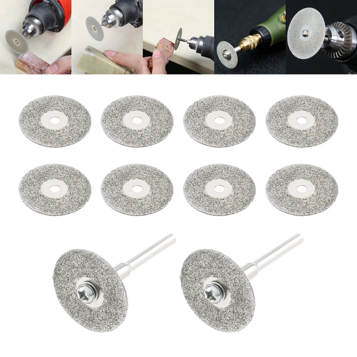 

10pcs / Set 22mm Diamond Cutting Discs Saw Blade with 2pcs 3mm Diameter Fixed Rod for Cutting Glass Metal