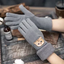 Модные зимние женские теплые вязаные перчатки с вышивкой и сенсорным экраном, женские милые Мультяшные перчатки с котом, бархатные толстые теплые варежки для вождения H74
