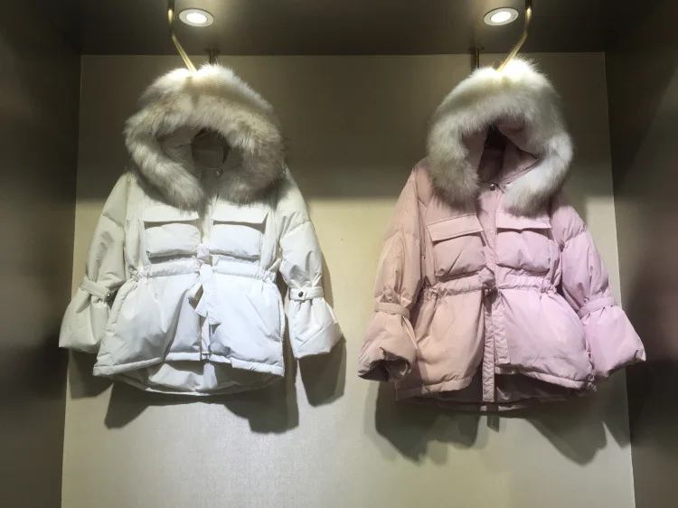Короткий пуховик из Южной Кореи Dongdaemun, Женский плотный приталенный пуховик на белом утином пуху, пальто с большим меховым воротником, новинка зимы