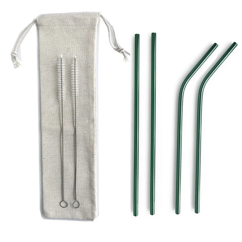 Green 7Pcs 7 шт многоразовая 215*6 мм металлическая трубочка трубочки для питья 304 нержавеющая сталь Изогнутая прямая соломинка для напитков бар вечерние оптом с мешочком - Цвет: Green 7Pcs