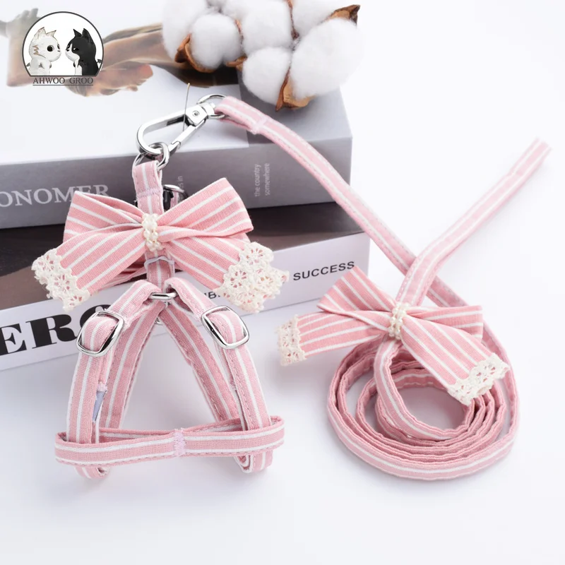 Bows Stripe Cat Pet Harness Leash Collar Set Kitten Dog Comfort Outdoor Walking Adjustable Double Layer | Дом и сад
