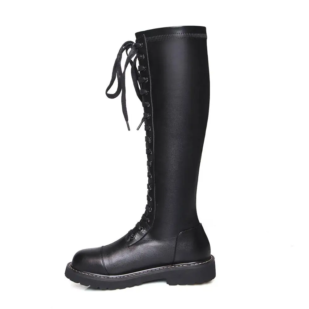 Lenkisen motorcycle boots stretch fabric cow leather med heels round toe lace up rivets winter keep warm knee high boots L0f1