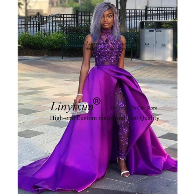 Purple Muslim Evening Dresses Lace Jumpsuits Detachable Illusion Dubai  Saudi Arabic Long Formal Evening Gown Sexy Prom Dress - Prom Dresses -  AliExpress