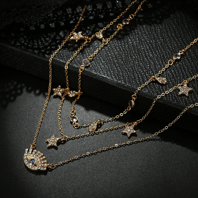 

Euro-American retro jewelry fashion water drop Pentagram inlaid drill personality eyelash blue drill multi-layer Necklace Neckla