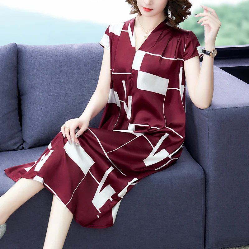 

Imitate silk dress summer new plaid print dress luxury fashion loose short-sleeve dress large size high quality elegant vestidos