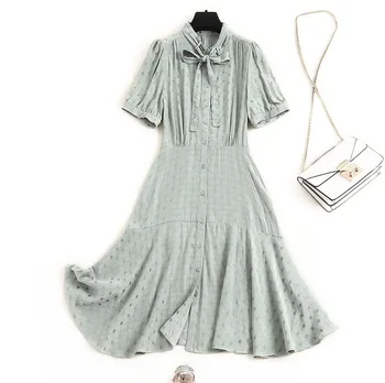 

Stylish Women Clothes Korean Cute Dress Bow Knee-Length Empire Vintage Newest Womens Designer Dresses Green Black