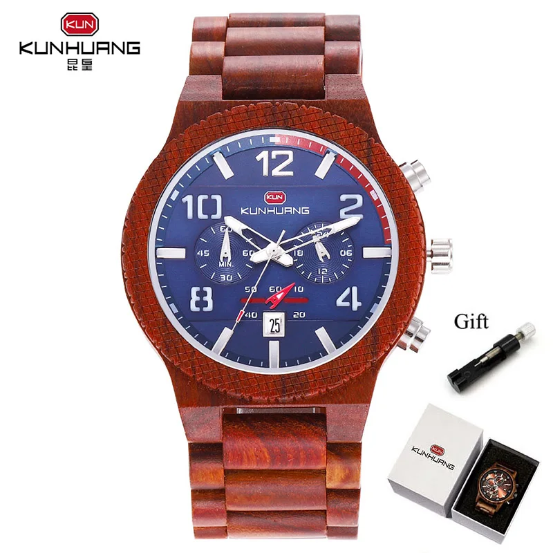 Men All Wooden Watch Reloj Hombre Mens Watches Top Brand Luxury Big Dial Casual Luminous Chronograph Wood Men Clock - Цвет: Red(with box)