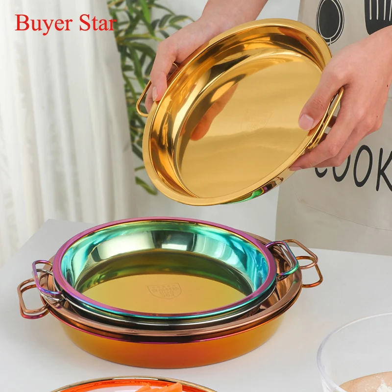 

1 Pcs Stainless Steel Round Dinner Plate with Double Ear Handle Cake Bread Fruit Serving Tray Steak Dish BBQ Grill Meat Dishes