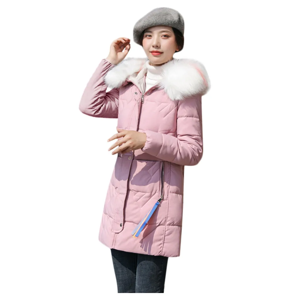 Длинные Новые модные тонкие женские меховые зимние лыжные пальто с хлопковой подбивкой теплые утепленные женские пальто длинные лыжные куртки одежда - Цвет: Розовый