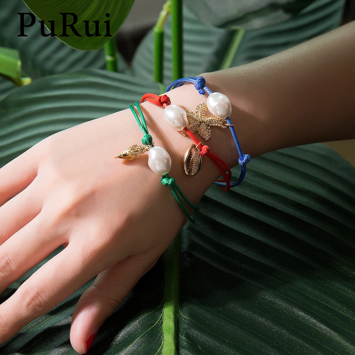 

PuRui Bohemian Gold Charm Bracelets Set Multilayer Starfish Conch Shell Rope Bracelets Imitation Pearl Pendant Bracelet Women