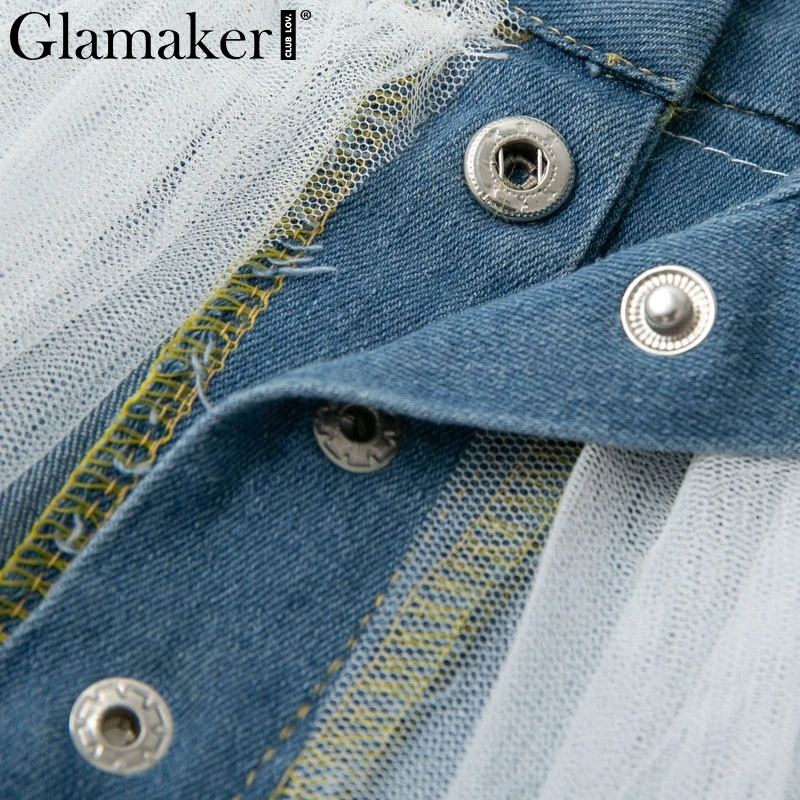 Glamaker, сетчатая прозрачная Джинсовая юбка в стиле пэчворк, сексуальная летняя белая юбка на пуговицах с высокой талией, женская уличная джинсовая юбка на пуговицах