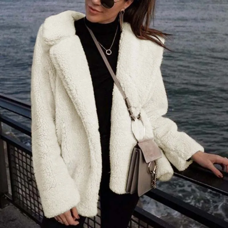 

Long Sleeve Thicken Warm Elegant Camel Outerwear Fake Fur Jacket Turn Down Collar New Women's Winter Lambwool Faux Fur Coats