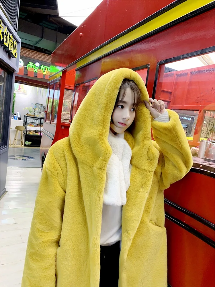 Зимнее женское высококачественное пальто из искусственного кроличьего меха роскошное длинное меховое пальто Свободное пальто с капюшоном толстое теплое плюшевое пальто больших размеров