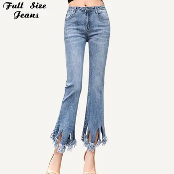 

Plus Size Ultra Stretchy Blue Tassel Ripped Skinny Flare Jeans Mom 3Xl 5Xl Woman Capri Denim Pants Trousers Cropped Skinny Jeans