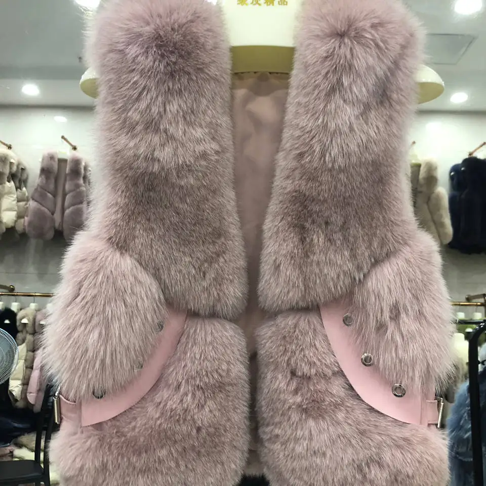 Женские зимние пальто жилетки из натурального Лисьего меха модные короткие меховые жилеты с кожаными заклепками женская натуральная меховая жилетка куртка N131