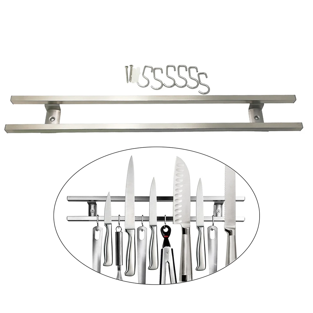Настенная кухонная стойка с крюком, магнитный двойной держатель для ножей, удобное хранение, нержавеющая сталь