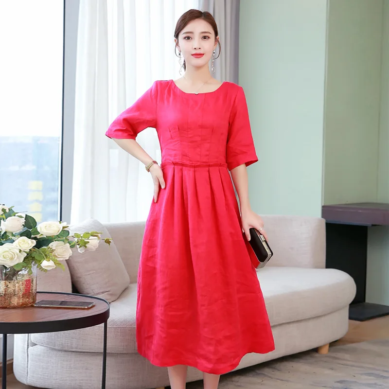 

Photo Shoot Seaside Holiday Large Size Red Long Skirts Mid-length Loose-Fit Literature And Art Cotton Linen Dress with Small Vid