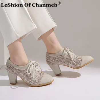 

Thick High Heels Shoes Women Lace Up Chunky Heels Derby Shoes Fashion Round Toe Pumps Female Patchwork Dress Footwear Size 33-48
