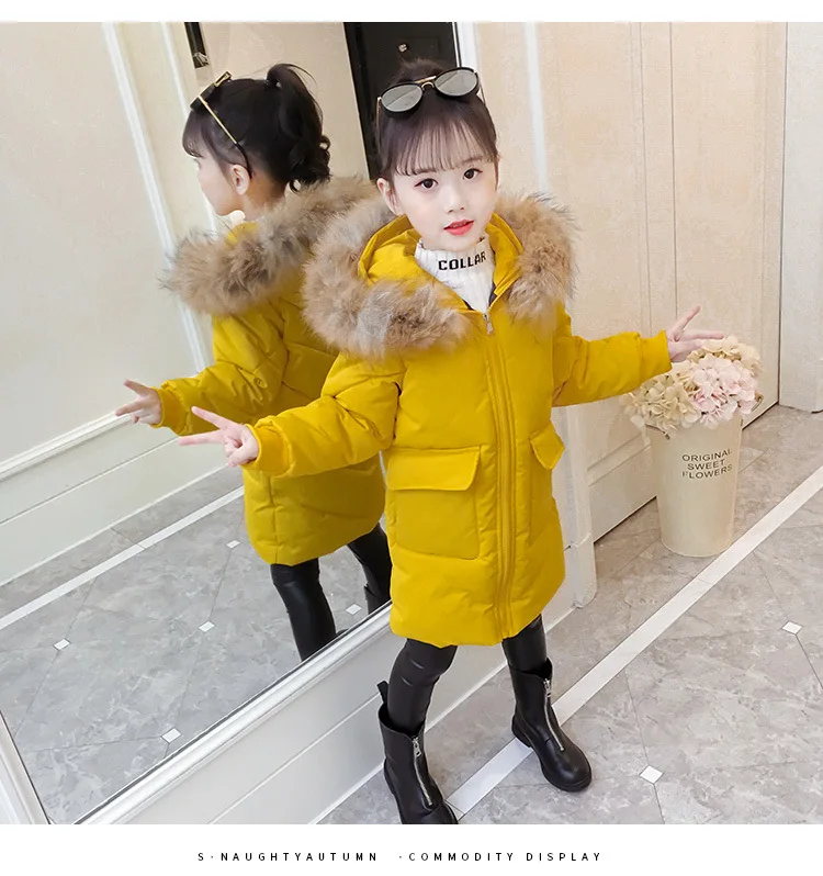 Зимняя куртка для девочек детское Желтое Пальто с большими карманами теплая длинная Детская куртка с капюшоном для подростков осенняя одежда для девочек 4, 6, 8, 12, 14 лет